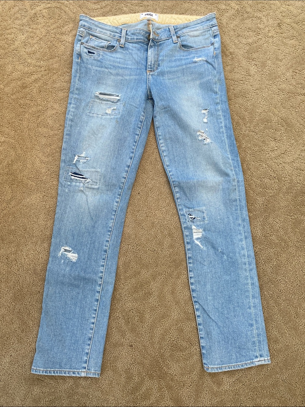 PAIGE Light Blue Distressed Straight-Leg Jeans